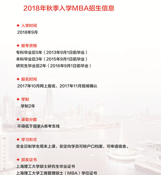 上海理工大学2018年工商管理硕士(MBA)招生简章