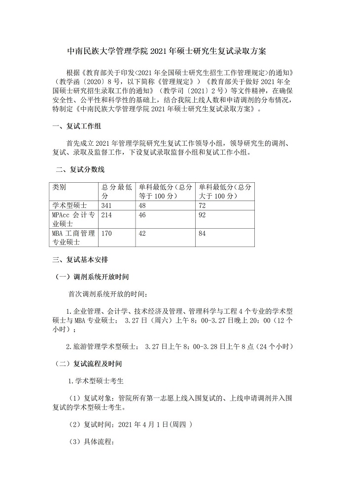 中南民族大学2021年MBA复试分数线及复试方案