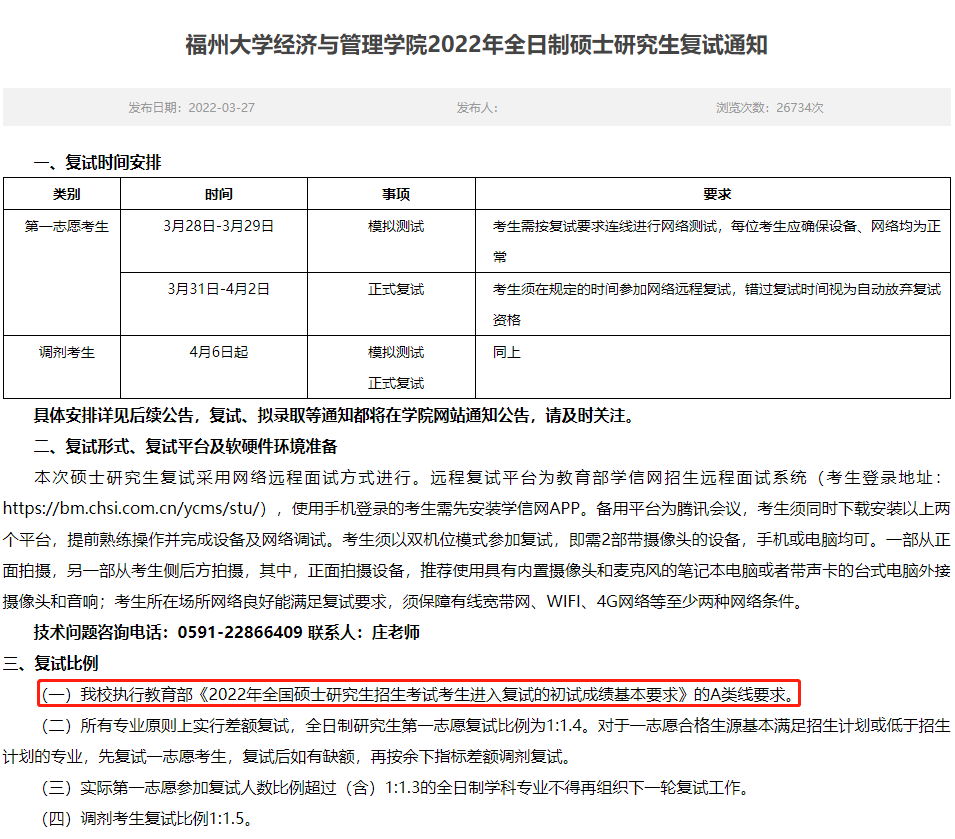 福州大学2022年MBA复试分数线