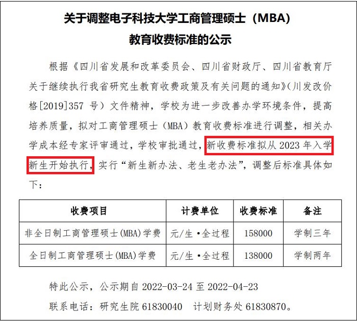 电子科技大学调整MBA学费标准！23级MBA学费上涨6万！