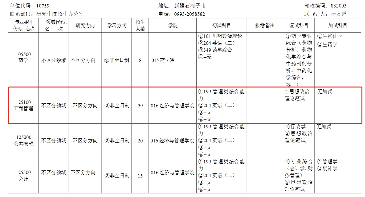 石河子大学2024年MBA非全日制招生简章