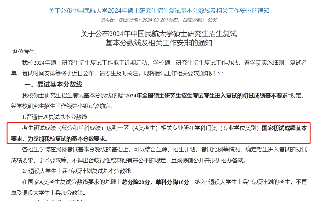2024年中国民航大学MBA复试分数线