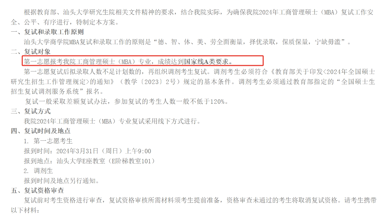 汕头大学2024年MBA复试分数线