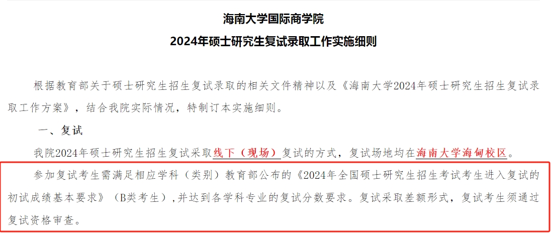 海南大学2024年MBA复试分数线