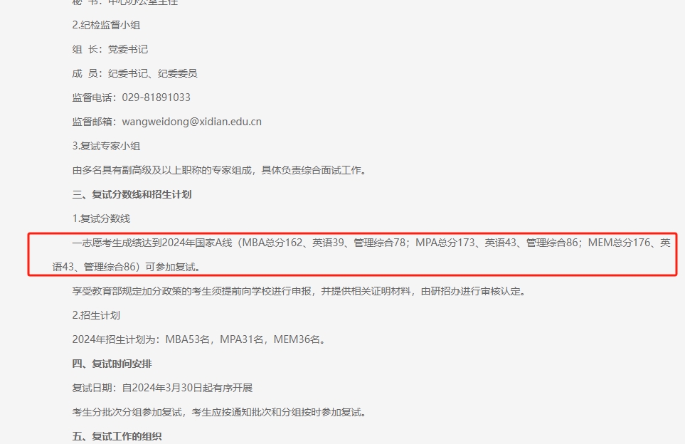 西安电子科技大学2024年MBA复试分数线