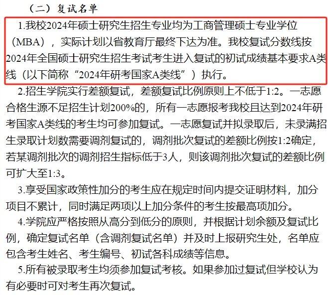 闽江学院2024年MBA复试分数线